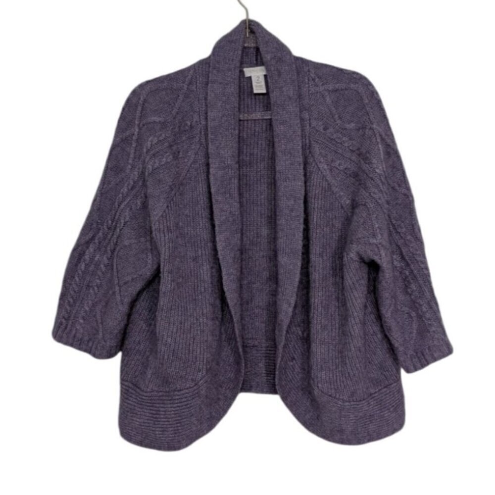 Chicos 2 Cable Knit Cardigan Womens Size Large Purple Wool Mohair Open Sweater